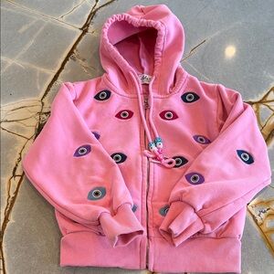 Pink Girls' Eye-Embroidered Hooded Zip Jacket and Pants